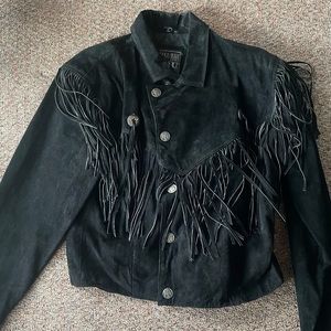 Unisex vintage retro black suede western fringe jacket size L